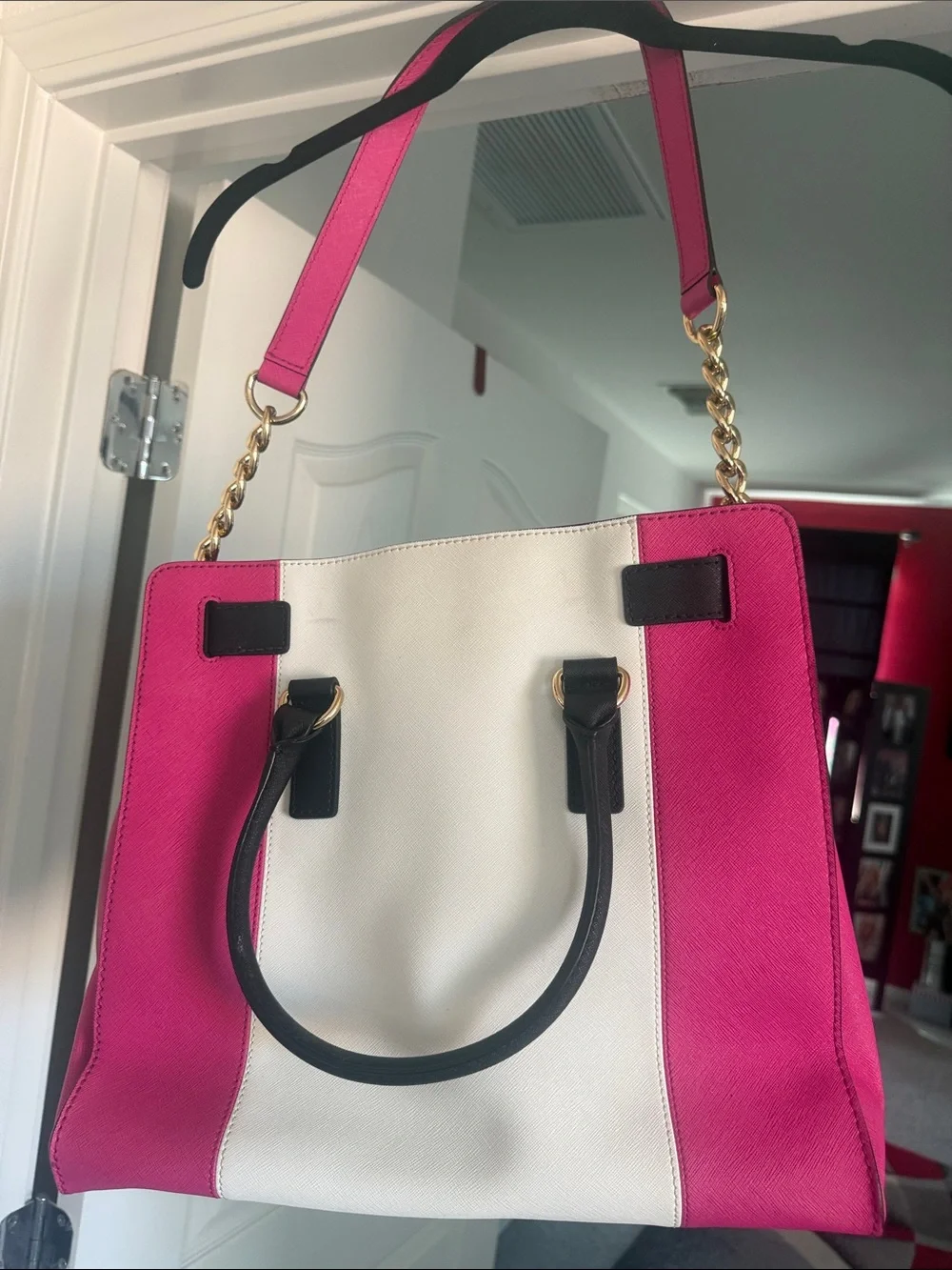 Michael Kors Pink, White & Black Leather Satchel with Gold Hardware !!
